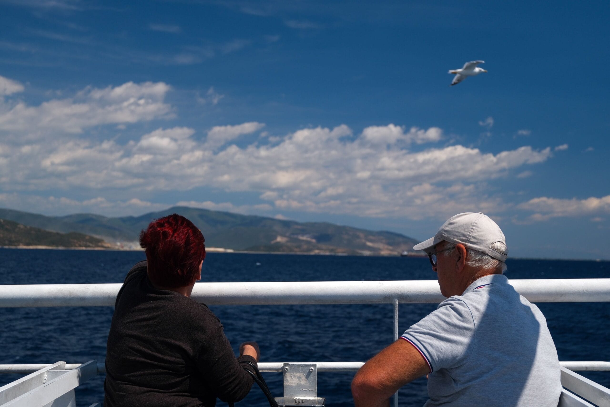 A senior couple views the ocean on a sunny day voyage, with distant hills and a seagull flying above. Cruising with COPD.
